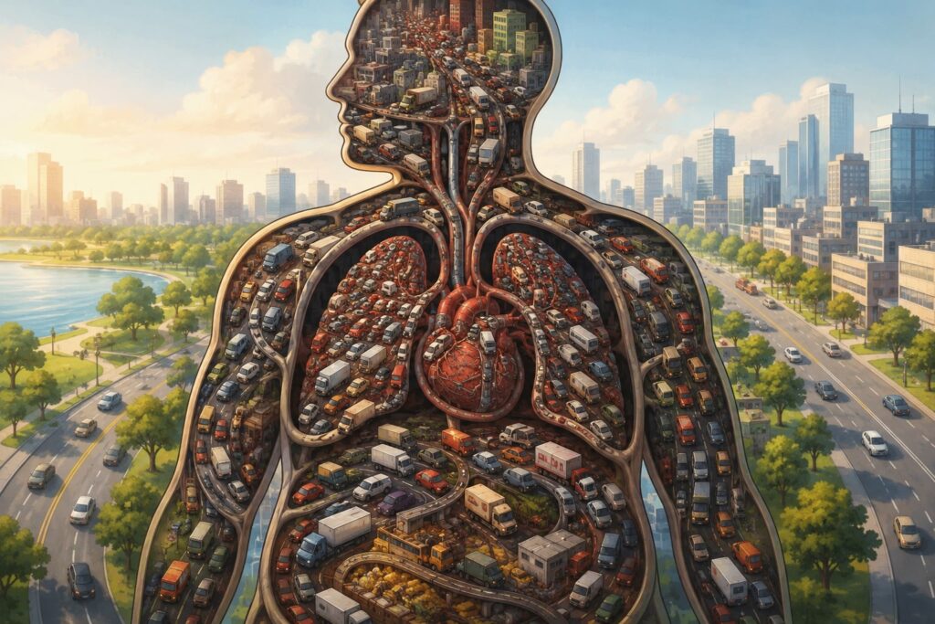 Ilustração conceitual de um corpo humano integrado à imagem de uma cidade em fluxo, representando o metabolismo.
